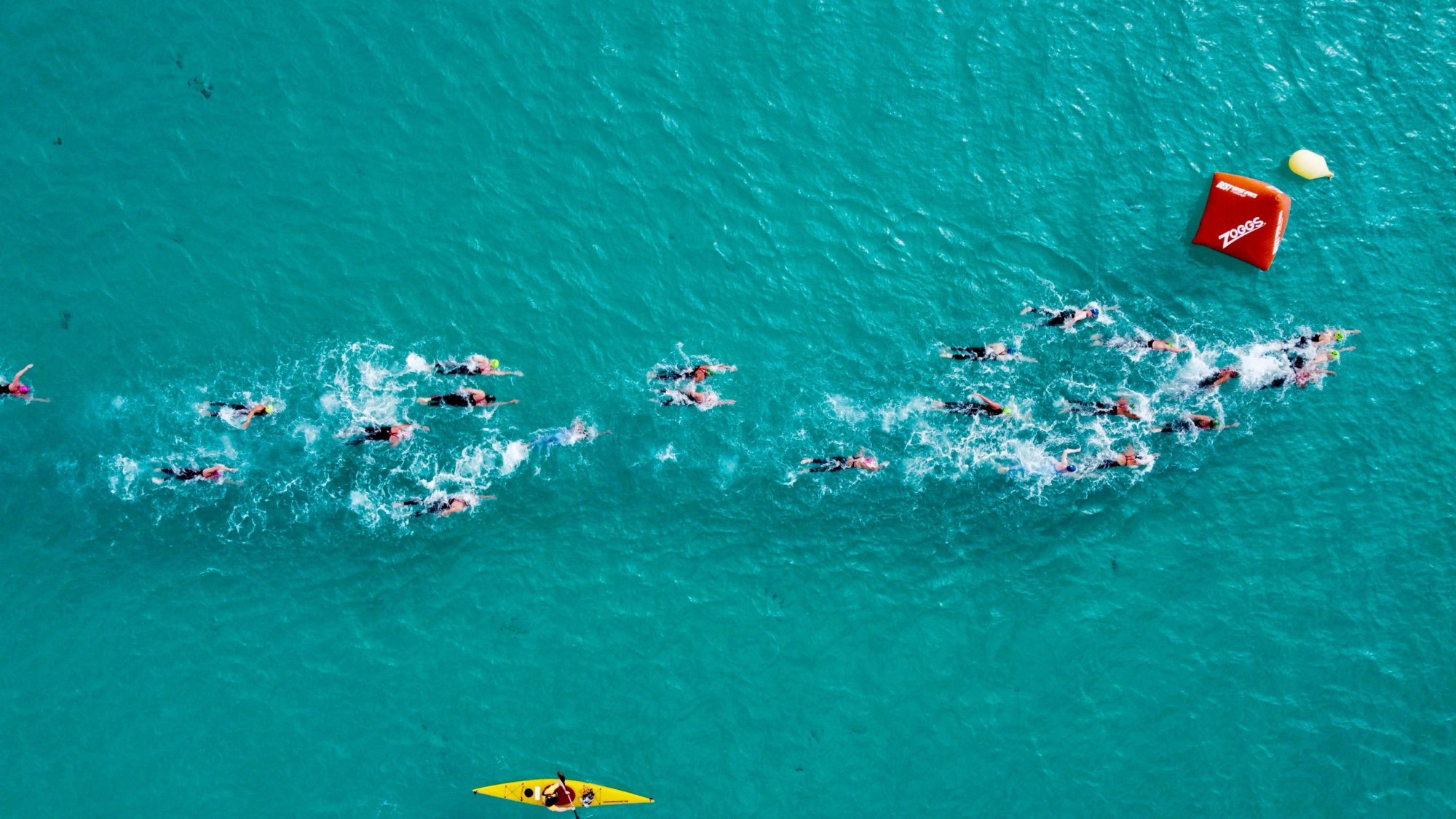 Open water swimmers rounding a buoy in the bay