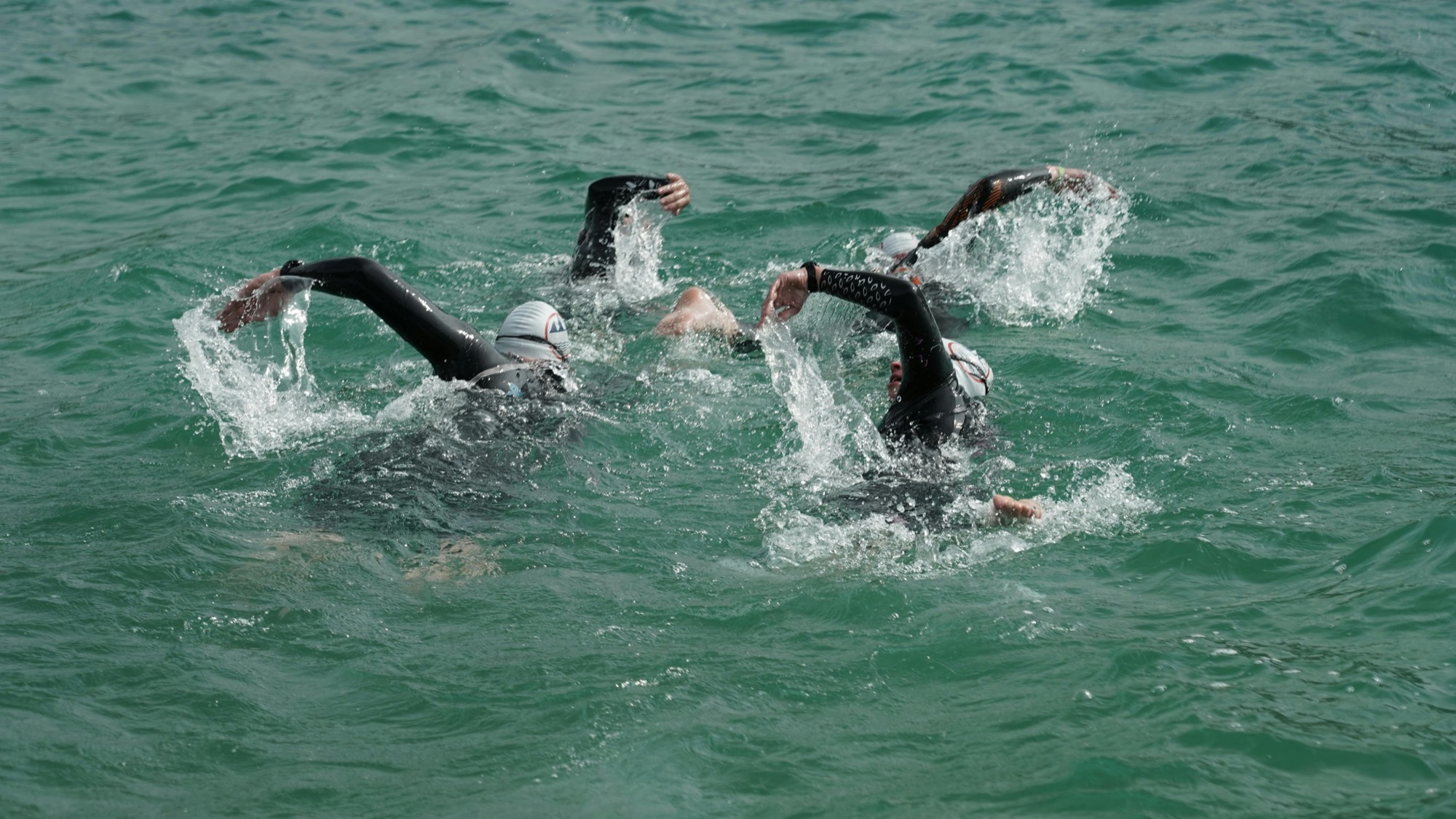 Swimmers in wetsuits in open sea